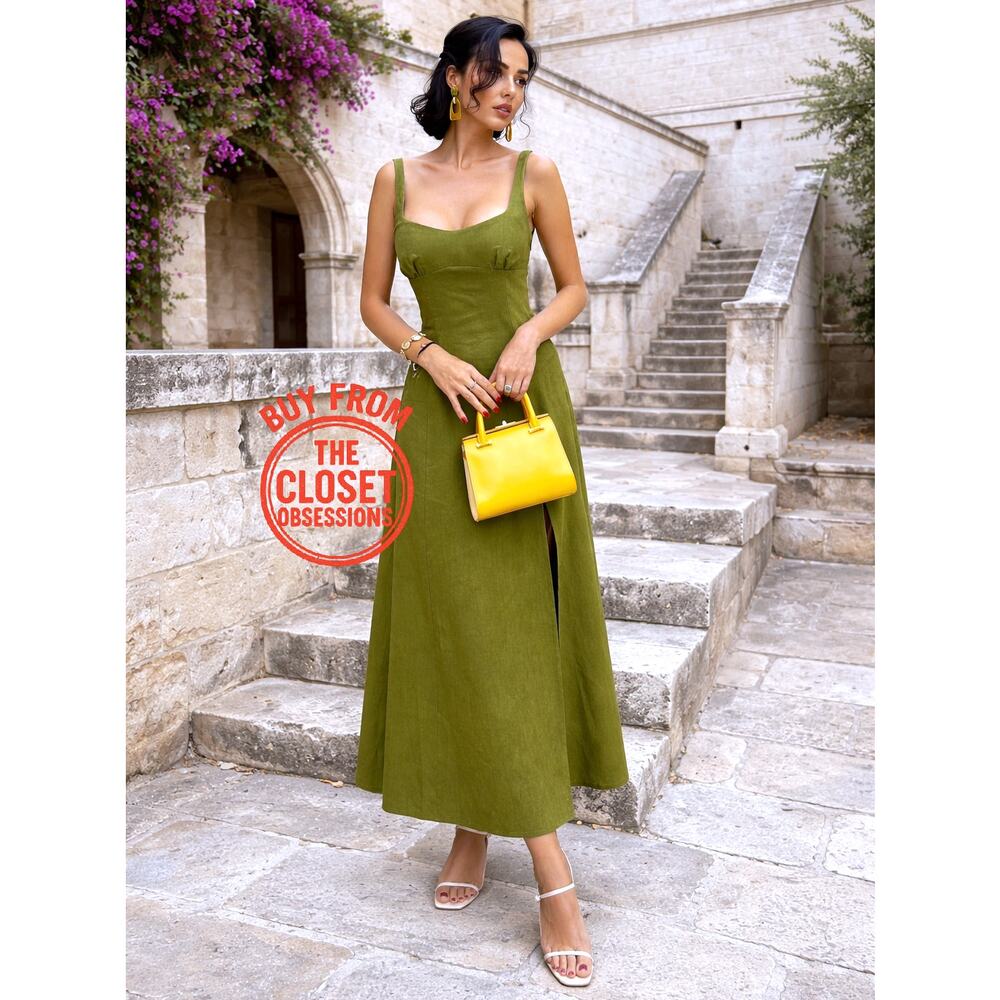 ZARA Green Linen Blend Front Slit Midi Dress NWT | Sizes M & L - Picture 9 of 16